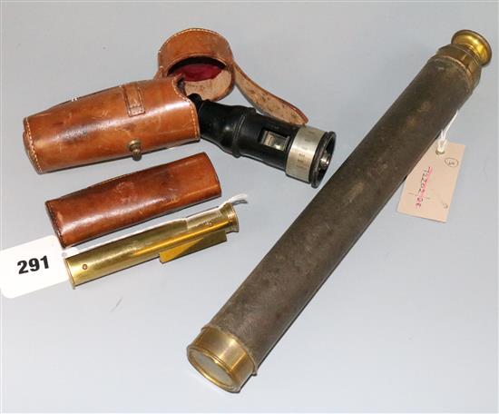 Brass and leather three-draw telescope, Steward Patent Telemeter No. 646 & an Archbutt brass surveying accessory (both cased)